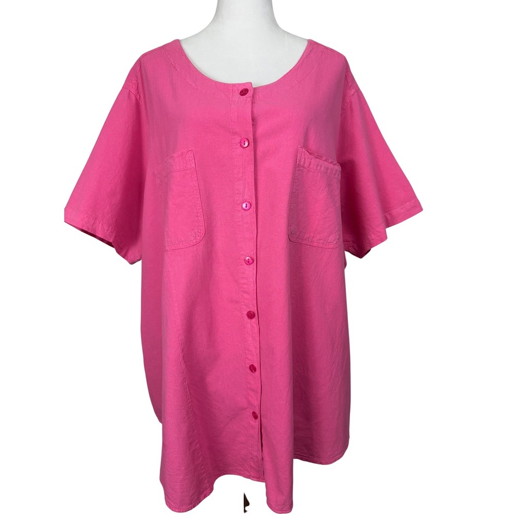 Woman Within Women's Button Up Shirt Tunic Pink Cotton Casual Pockets 3XL